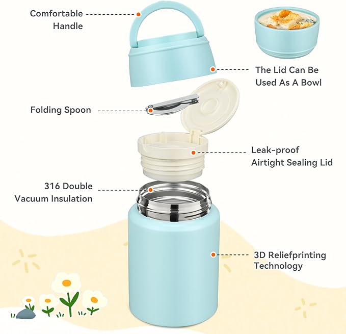 17oz Soup Thermo for Hot Food Kids Insulated Food Jar,Thermo Hot Food Lunch Container, Width Mouth Stainless Steel Lunch Box for Kids with Handle Folding Spoon(Ice Blue - Pure)