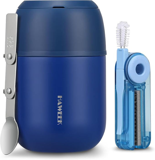 17oz Soup Thermo for Hot Food Adults Insulated Food Jar Thermo Hot Food Lunch Container Wide Mouth Stainless Steel Lunch Box for Kids with Folding Spoon Cleaning Brush Navy Blue