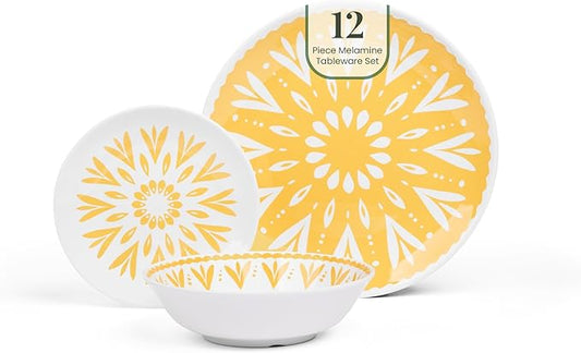 Larder & Vine 12-Piece Melamine Dinnerware Set: Durable, Lightweight, Break-Resistant Plates & Bowls – Stylish, Non-Toxic, Dishwasher Safe – Ideal for Everyday Use, Indoor & Outdoor Dining – Floral