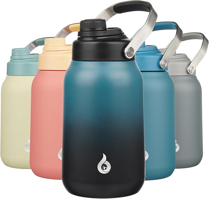BJPKPK Half Gallon Insulated Water Bottles, 64oz Water Jug with Metal Handle & BPA Free Spout Lid, Dishwasher Safe Thermo, Large Stainless Steel Gym Sport Jugs, Blue Black