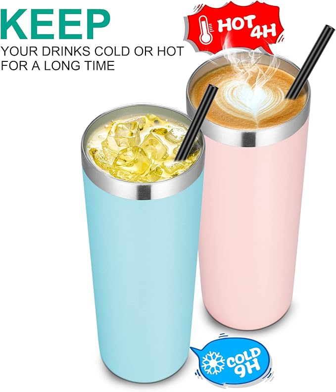 VEGOND Stainless Steel Tumblers Bulk 6 Pack, 20 oz Vacuum Insulated Skinny Tumblers with Lid and Straw, Double Wall Coffee Mug, Travel Water Cup, Blue