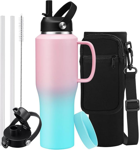 32oz Insulated Water Bottle - with Straw & Spout Lid, Strap Carrier Bag, Cold-48H & Hot-24H, Stainless Steel Travel Cup with Handle, Reusable Slim Metal Water Bottle for Car Travel Cycle Gym