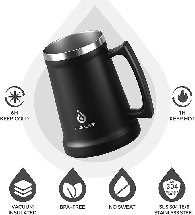 Ideus Insulated Beer Stein, 24/32oz Stainless Steel Double Walled Beer Mug Giant Bar Drinkware Metal Beer Cup with Big Grip Handle (24oz (710ml), Black)