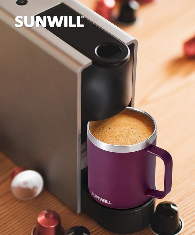 SUNWILL Travel Coffee Mug with Lid, Insulated Tumbler with Handle, 14 oz Stainless Steel Cup for Camping, Office, Home, Powder Coated Plum