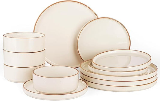 Famiware Nebula Plates and Bowls Sets for 4, 12 Pieces Stoneware Dinnerware Set, Microwave and Dishwasher Safe Dishes Set, Vanilla White with Brown Rim