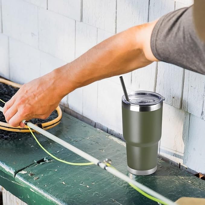 DOMICARE 30 oz Tumbler with Lid and Straw, Stainless Steel Tumblers Bulk, Insulated Vacuum Double Wall Travel Coffee Mug, Durable Powder Coated Tumbler Cups (Army Green, 4)
