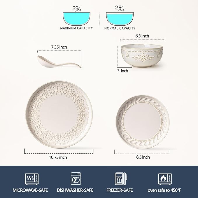 Artena Plates And Bowls Sets, 16 Pieces Dinnerware Sets, Dish Set For 4, Ceramic Kitchen Bowl And Plate Set, Embossed White Dishware Sets, Dishwasher & Microwave Safe (Multiple Patterns)