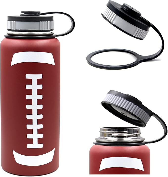 32 oz Football Water Bottle, Metal Thermo Travel Mug Sports Flask with 2 Lids, Stainless Steel Double Wall Vacuum Insulated Leak Proof Water Bottles, Football Accessories Gifts for Mom Men Boys Girls