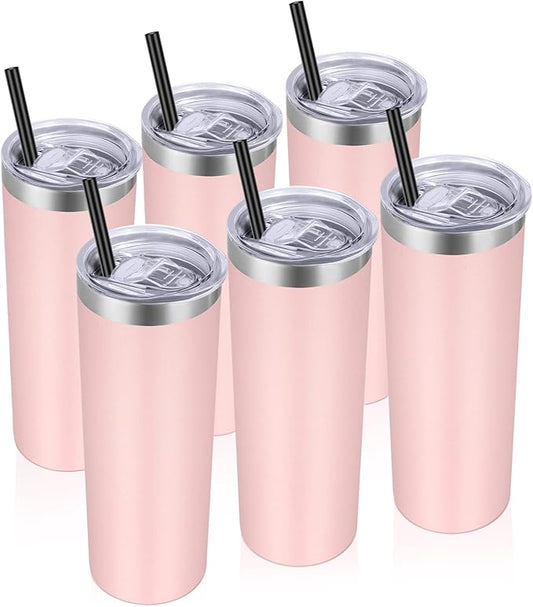 VEGOND Stainless Steel Tumblers Bulk 6 Pack, 20 oz Vacuum Insulated Skinny Tumblers with Lid and Straw, Double Wall Coffee Mug, Travel Water Cup, Light Pink