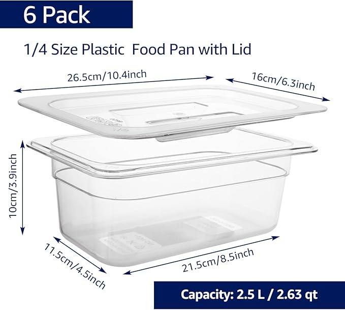 6 Pack 1/4 Size Plastic Clear Food Pan with Lid, 4 Inch Deep Commercial Stackable Polycarbonate Pan with Capacity Indicator, Acrylic Food Container Hotel Pans for Kitchen Restaurant