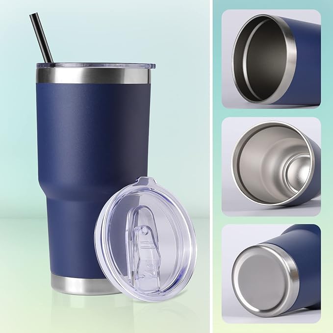 DOMICARE 30 oz Tumbler with Lid and Straw, Stainless Steel Tumblers Bulk, Insulated Vacuum Double Wall Travel Coffee Mug, Durable Powder Coated Tumbler Cups (Navy, 12)
