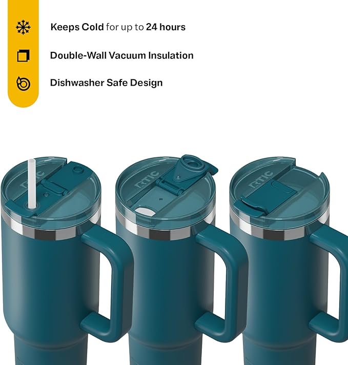 RTIC 40 oz Road Trip Tumbler Double-Walled Cermaic Lined Insulated Stainless Steel Portable Travel Coffee Mug Cup with Lid, Handle and Straw, Marine