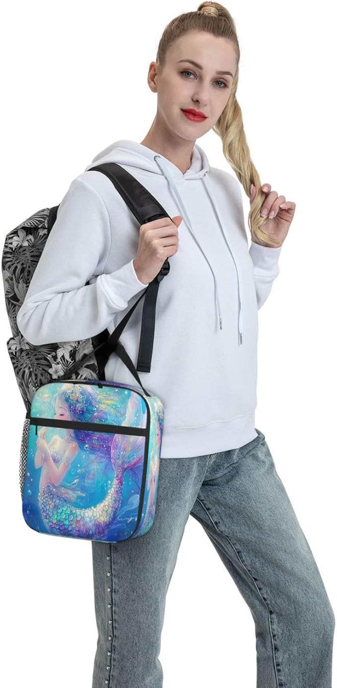 SUPLUCHOM Lunch Bag Mermaid Childish Blue Sea Insulated Bento Box Cooler with Side Pocket for Girl Boy Women Men Work School Picnic Hiking Daytrip