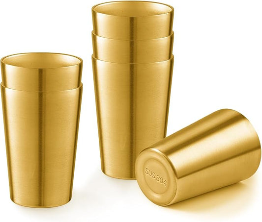 6 Pack 12 oz Stainless Steel Insulated Cup, Double Wall Vacuum Small Metal Cup, Reusable Camping Cups Unbreakable Indoor Outdoor for Party, Home, Office, BBQ, Gold