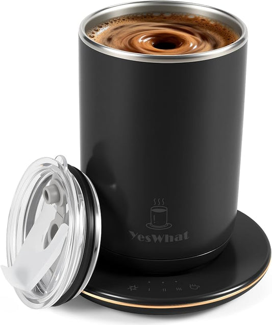 Temperature Control Self Stirring Coffee Mug with Lid, Automatic Heated Coffee Milk Cocoa Cup, Black 11 oz Smart Stainless Steel Mug Warmer with USB Type-C