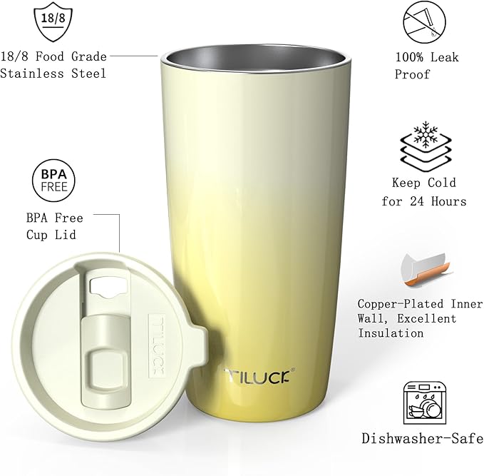 TILUCK 20 oz Tumbler with Leak-Proof Lid, Vacuum Insulated Stainless Steel Coffee Mug, Double-Walled Travel Tumbler for Hot and Cold Drinks(Lemon, 20oz)
