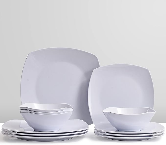 Melamine Dinnerware Sets, Square Dinnerware Sets, White Color Plates and Bowls Sets for 4, Unbreakable Dishwasher Safe BPA Free