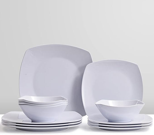 Melamine Dinnerware Sets, Square Dinnerware Sets, White Color Plates and Bowls Sets for 4, Unbreakable Dishwasher Safe BPA Free