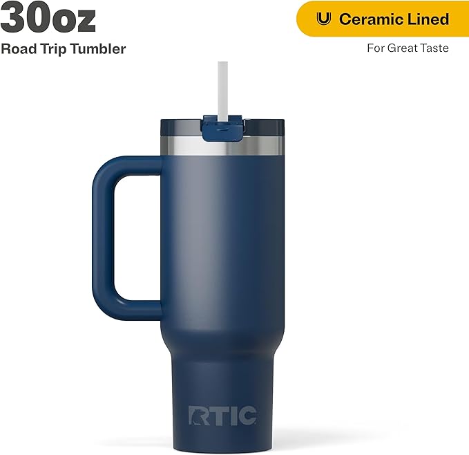 RTIC 30 oz Road Trip Tumbler Double-Walled Ceramic Lined InsulatedStainless Steel Portable Travel Coffee Mug Cup with Lid, Handle and Straw, Navy