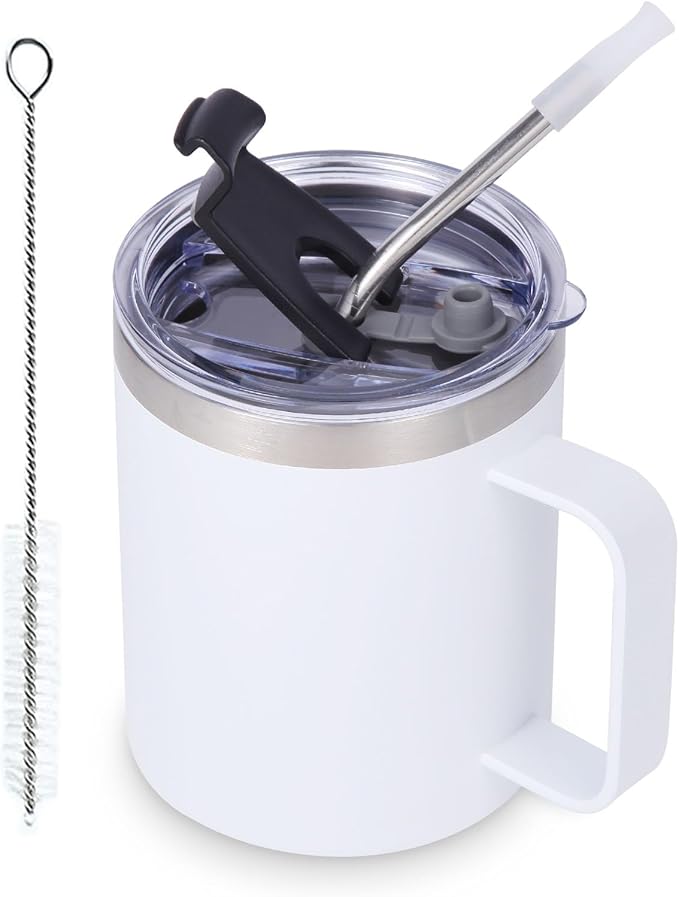 Volhoply 12oz Insulated Leakproof Coffee Mug with Flip & Straw Lid,Double Wall Vacuum Stainless Steel Travel Cafe Tumbler Cup with Handle,Reusable Camping Mugs Keep Cold/Hot(White,1 Set)