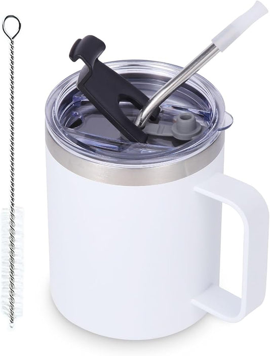 Volhoply 12oz Insulated Leakproof Coffee Mug with Flip & Straw Lid,Double Wall Vacuum Stainless Steel Travel Cafe Tumbler Cup with Handle,Reusable Camping Mugs Keep Cold/Hot(White,1 Set)