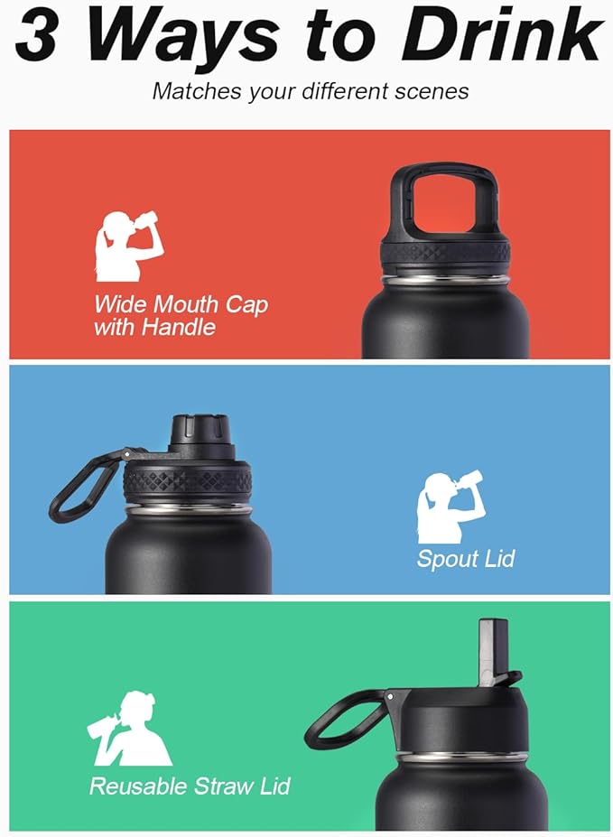 Water Bottle 32 oz Insulated with Straw, Coolflask Stainless Steel Metal 3 Lids Water Flask Wide Mouth for Sports or Office, Non-BPA Keep Cold Up to 48 Hrs or Hot Up to 24 Hrs, Piano Night