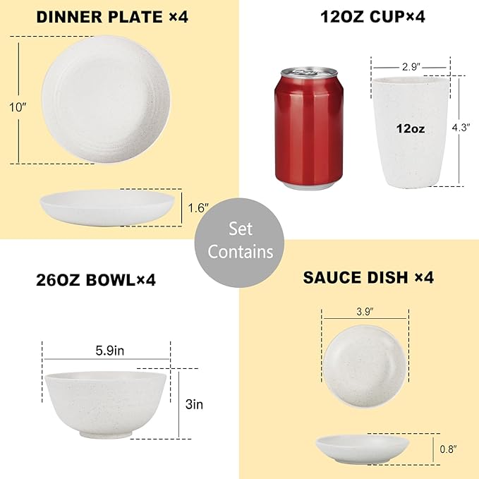 Premium Wheat Straw Dinnerware Sets for 4, Microwave Safe Plates and Bowls Sets 16-Piece,Unbreakable and Lightweight Dinner Plates for Kitchen,Picnic and Party,Plates Set,Cups Set(White)