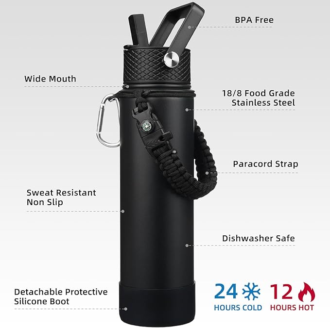 BJPKPK 27oz Insulated Water Bottles with 3 Lids, Paracord Handle & Non-slip Boot, Stainless Steel Metal Water Bottle with Straw, BPA Free Leak Proof Thermo, Tumblers,Black