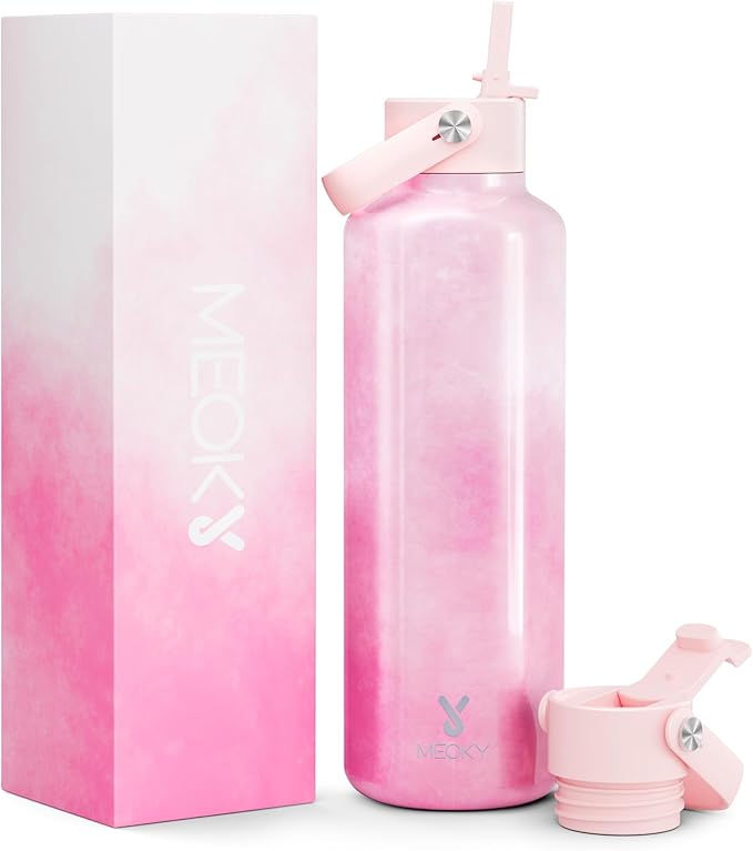 Women Water Bottle with Straw for Sports: 24 oz Stainless Steel Insulated Water Bottle BPA-Free for Home Office Work - Girlfriend Wife Mom, Peony