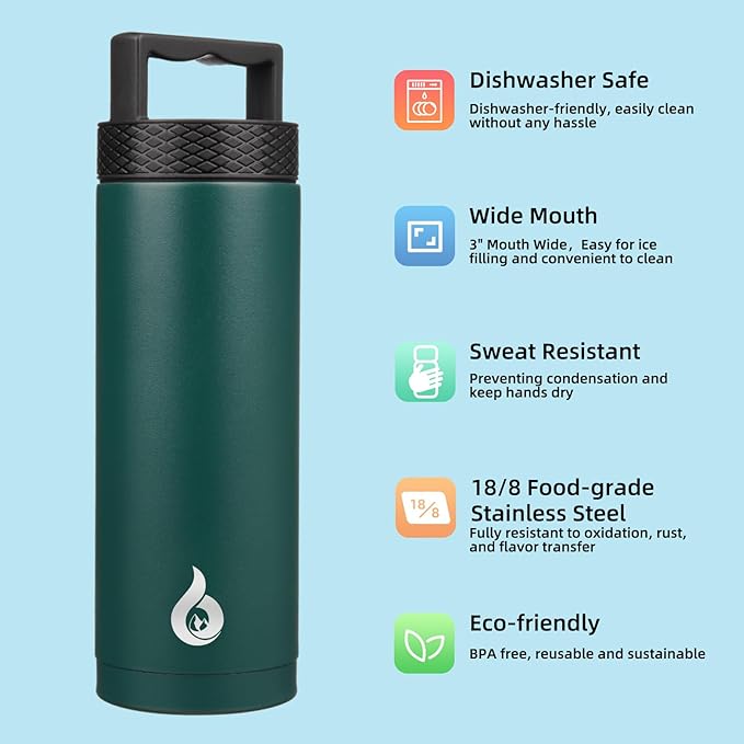 BJPKPK Insulated Water Bottles, Dishwasher Safe 18 oz Water Bottle with Handle, Leakproof BPA Free Water Jug, Stainless Steel Thermo for Sports, Army Green