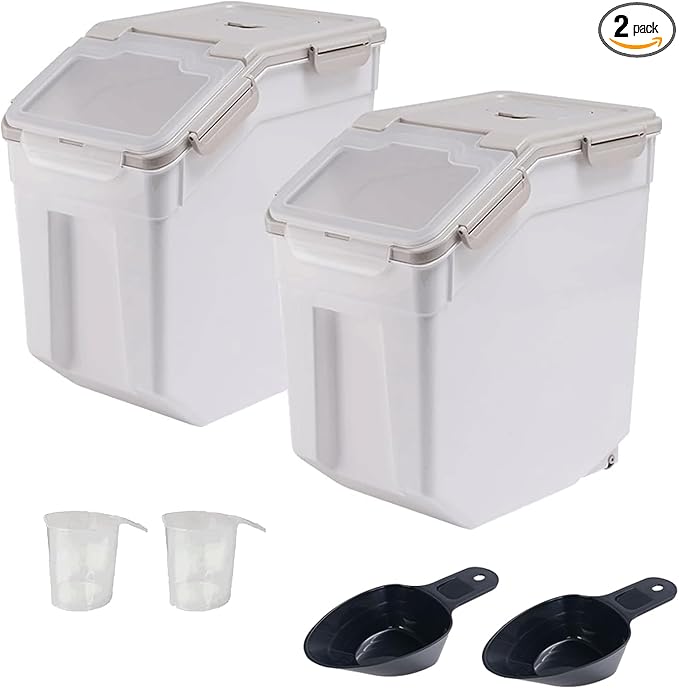 2 Pack Rice Storage Container with Measuring Cup 50 lb Flour Storage Container with Wheels, BPA Free Food Storage Container Dog Cat Food Bin Set for Dry Food Sugar, Cereal(Gray)
