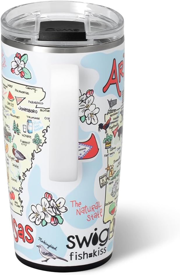 Swig Life 22oz Travel Mug, Insulated Tumbler with Handle and Lid, Travel Coffee Mug, Cup Holder Friendly, Stainless Steel 22 oz Tumbler, Reusable Insulated with Lid (Arkansas)