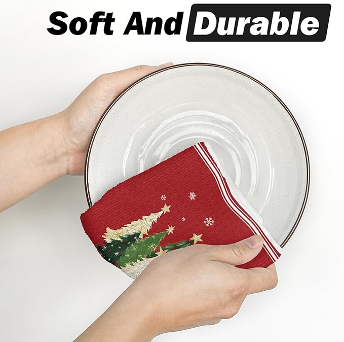 Artoid Mode Red Star Xmas Tree Merry Christmas Kitchen Dish Cloths, 12x12 Inch Quick Dry Microfiber Dishcloths for Kitchen Dish Rags Set of 2