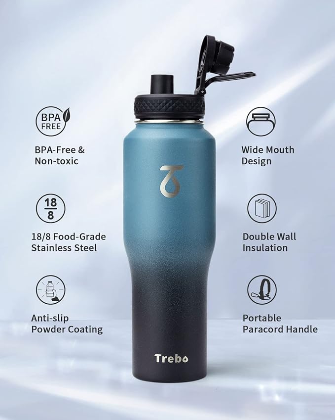 Trebo 32oz Insulated Water Bottle that Fits in Cup Holder, Stainless Steel Double Wall Tumbler Flask Bottles with Paracord Handle, with Straw Spout Lids, Keep Cold for 48 Hrs/Hot 24 Hrs,Indigo/Black