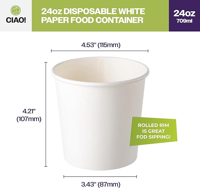 CIAO! 24OZ Disposable White Paper Food Container, 115mm Diameter, Lids Sold Separately (500/case)