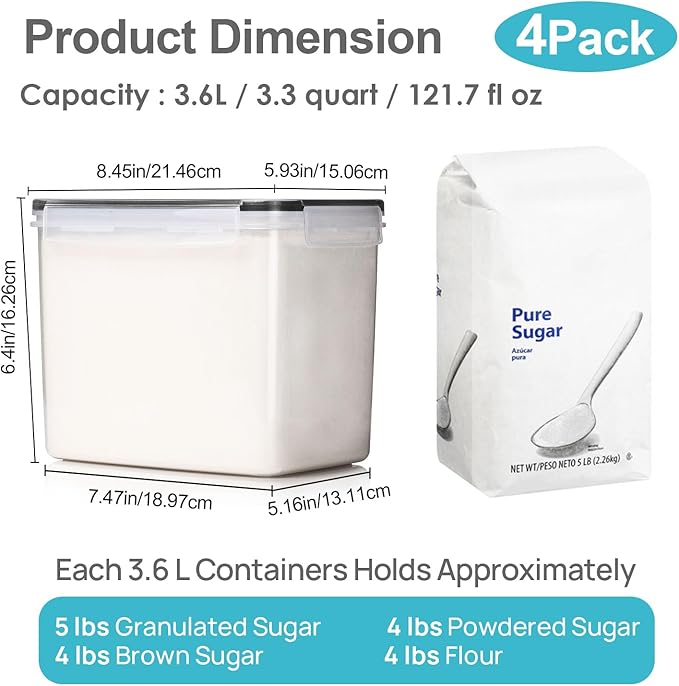 Vtopmart Food Storage Containers 3.3 quart / 3.6L, 4 Pieces BPA Free Plastic Airtight Canister for Flour, Sugar, Baking Supplies, with 4 Measuring Cups and 24 Labels,Black