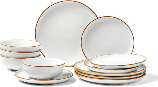 VEVOR Dinnerware Set, Service for 4 (12 PCS), Round Plates and Bowls Sets, Scratch Resistant Ceramic Dinner Ware, Dishwasher and Microwave Suitable Kitchen Dish, for Dessert Salad Soup Pasta, White