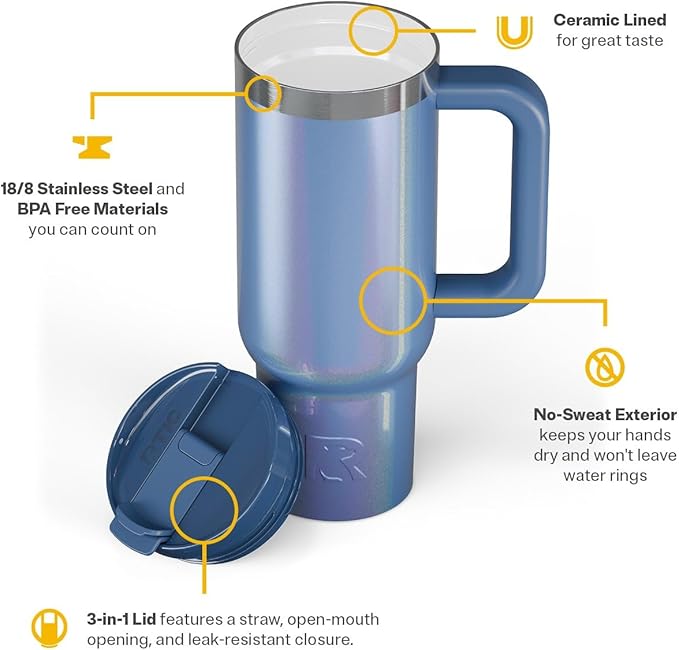 RTIC 30 oz Road Trip Tumbler Double-Walled Ceramic Lined InsulatedStainless Steel Portable Travel Coffee Mug Cup with Lid, Handle and Straw, Pond Glitter