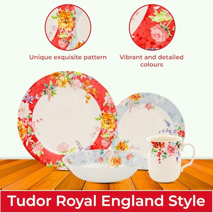 Tudor Royal 16-Piece Porcelain Round Dinnerware Set, Service for 4, Crimson Design, Summer Floral, Plates Bowls Mugs Dishes, Glossy, Premium Quality Tableware, Unique Pattern