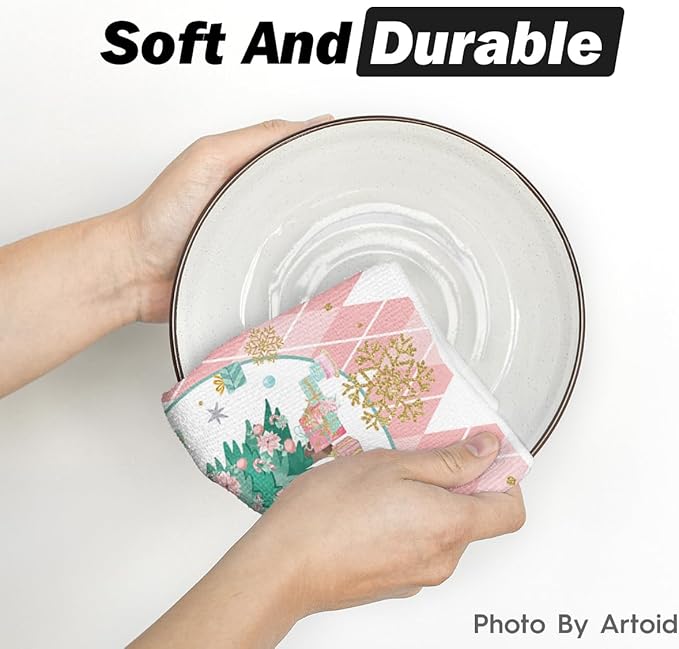 Artoid Mode Pink Nutcrackers Tree Christmas Kitchen Towels Dish Towels, 18x26 Inch Seasonal Winter Xmas Decoration Hand Towels Set of 2