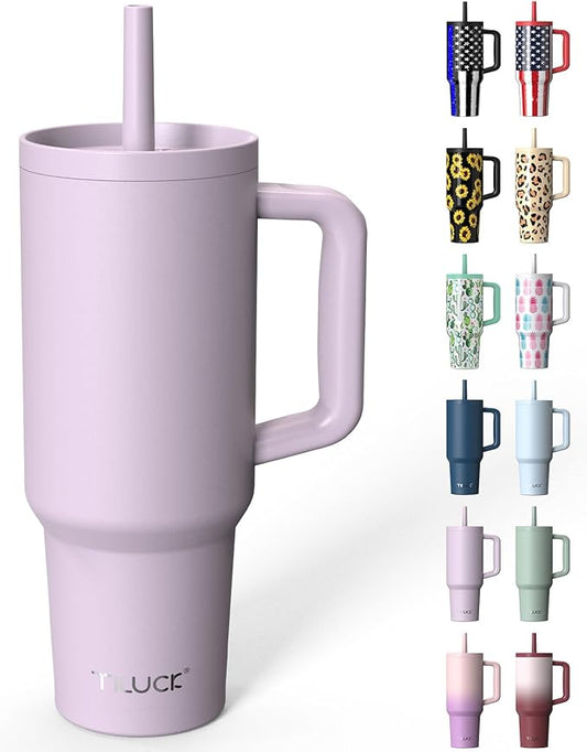 TILUCK 40 oz Tumbler with Handle, Vacuum Insulated Stainless Steel Travel Mug with 100% Leak-Proof Silicone Straw Lid, Cupholder Friendly Water Bottle(LightPurple, 40oz)