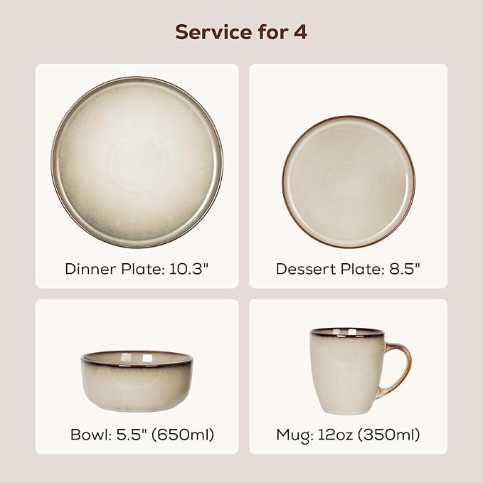 Romswi Dinnerware Set for 4, 16Pcs Stoneware Plates and Bowls Sets with Mugs, Chip & Scratch Resistant Dish Set, Handmade Reactive Glaze Plate Sets, Oven & Microwave and Dishwasher Safe,Wheat Green