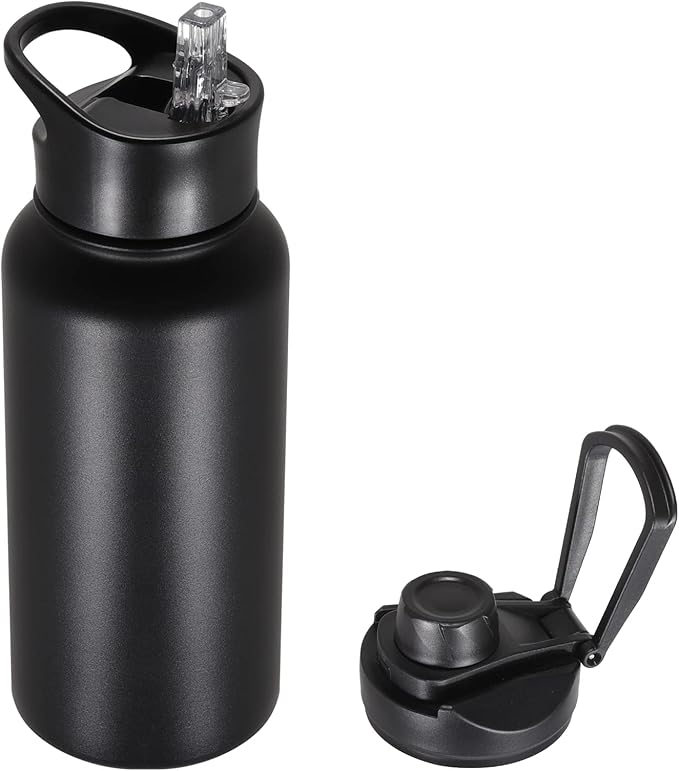 32 oz Insulated Water Bottle with Straw Lid & Wide Mouth Lids, Stainless Steel Sports Water Bottles, Double Walled Vacuum, Leak Proof, Black