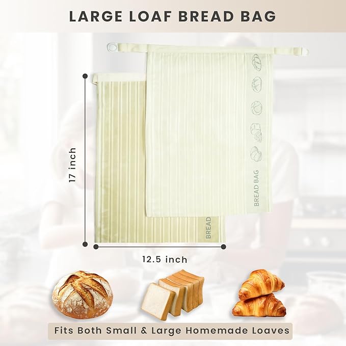 Reusable Beeswax Bread Bags for Homemade Bread (2-Pack）– 12.5” x 17” XL Sourdough Bread Storage Bags, Beeswax Food Bags for Loaf, Sourdough, Freezer & Pantry Use