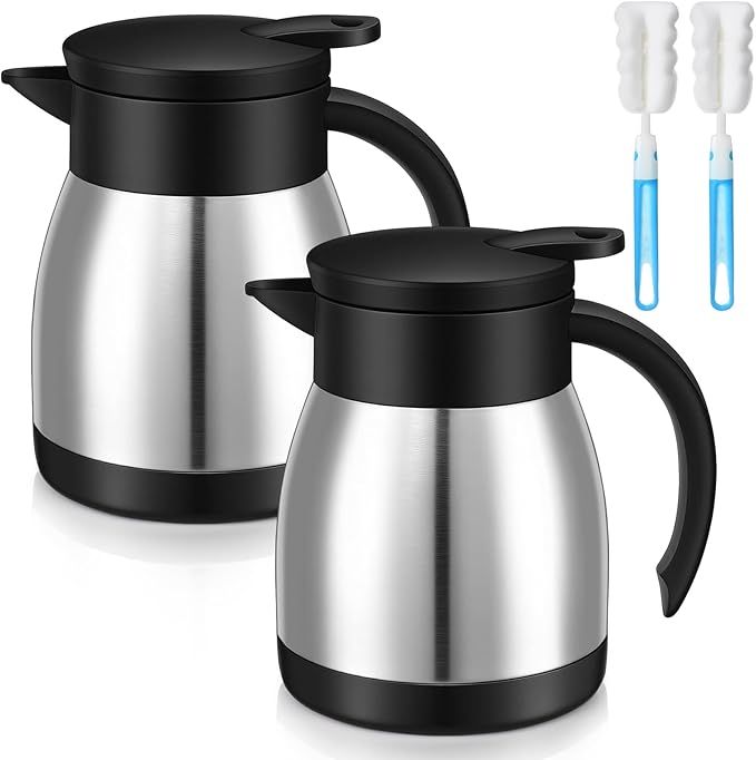 Uiifan 2 Pcs Thermal Coffee Carafe Insulated Stainless Steel Coffee Carafes for Keeping Hot and Cold Double Walled Vacuum Thermal Pot Flask with Brush for Water Milk Tea Home and Office(Silver,17oz)