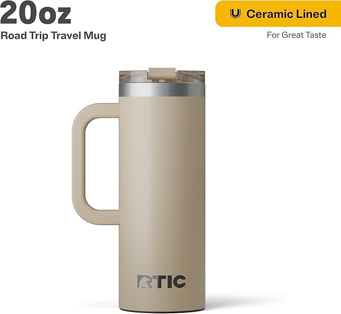RTIC 20oz Road Trip Travel Mug with Lid and Handle, Ceramic Lined, Insulated, Stainless Steel, Metal, Double Wall Vacuum-Insulation, Portable Coffee, Tea Cup for Hot and Cold Drink, Beach