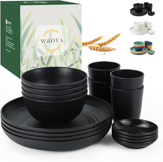 Wrova Wheat straw dinnerware sets of 16-10 inches plates,26oz bowls,2oz dipping bowls,12ozcups - Unbreakable plates and bowls sets microwave safe and dishwasher safe,service for 4. Black