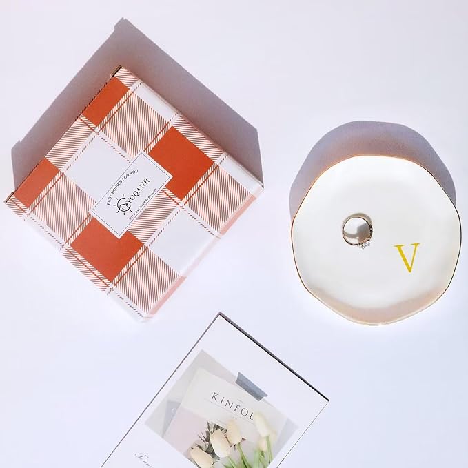 Ceramic Jewelry Tray Initial Ring Dish Personalized G-Monogrammed Engagement Wedding Gifts, for Birthday Mother's Day Christmas for Women, Ceramic White 4.75" (V)