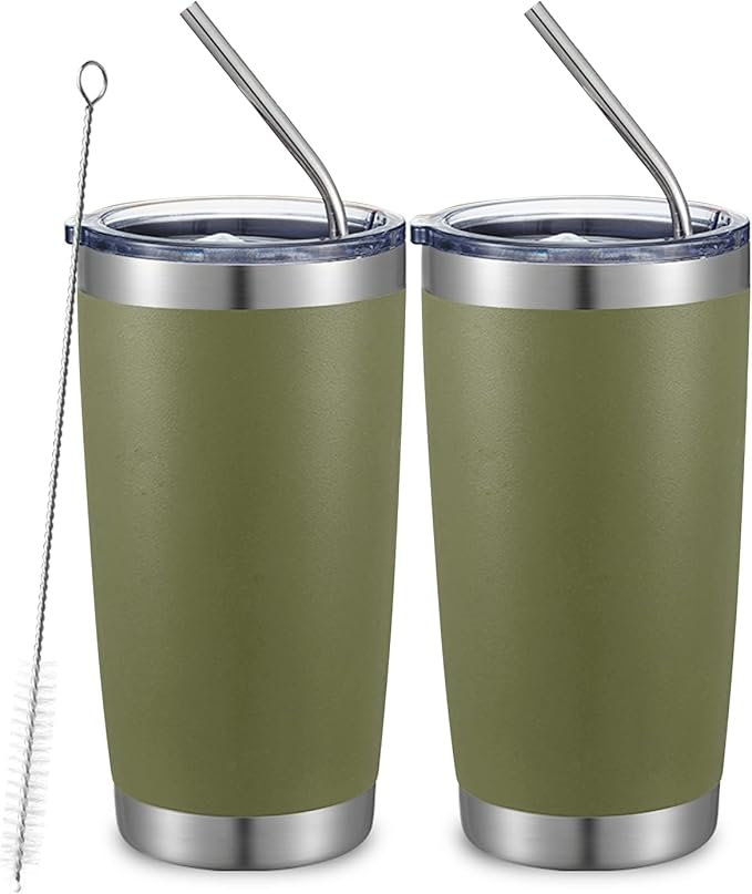 COMOOO 20oz Double Wall Vacuum Insulated Travel Mug, Stainless Steel Tumbler with Lid and Straw Durable Powder Coated Insulated Coffee Cup for Cold & Hot Drinks (Army Green, 2 Pack