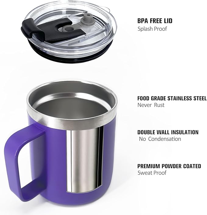 1pack 12oz Coffee Mug With Handle Bulk, Stainless Steel Insulated Travel Tumblers With,Double Wall Vacuum Camping Cup for Hot & Cold Drinks Tea (purple)